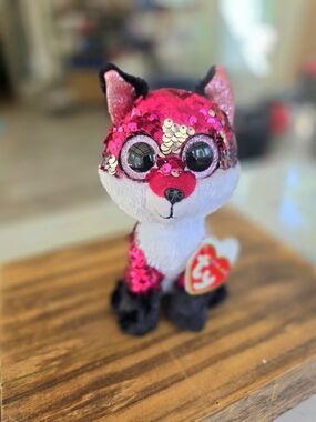 Ty Beanie Boo Sequin Fox Plush JEWEL August 22 Pink & Silver